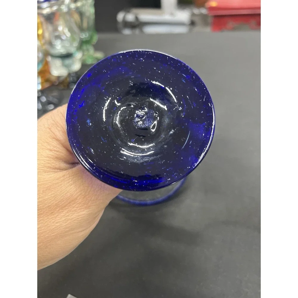 Vintage MCM Handblown Mexican Large Margarita‎ Martini Glasses Cobalt Rim Base